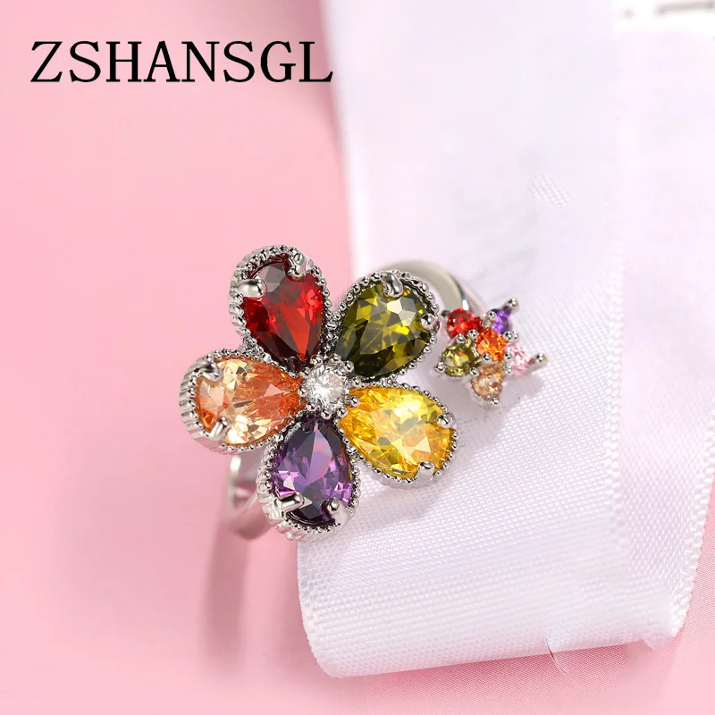 Новое поступление, кольцо в форме цветка, 7 цветов, разноцветное, CZ 925 пробы, серебряное кольцо для женщин, модное ювелирное изделие