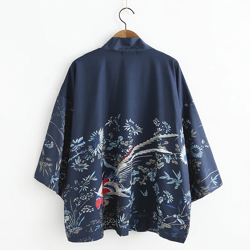 Японское кимоно с принтом птиц Феникса кардиган женская блузка рубашка в стиле