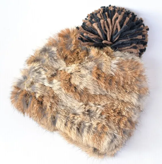 Природа рекс кролика меховые шапки мода женская вязаная натуральный мех шапочка зимние шапки милые шапка женская зимняя бесплатно шопинг - Цвет: Коричневый