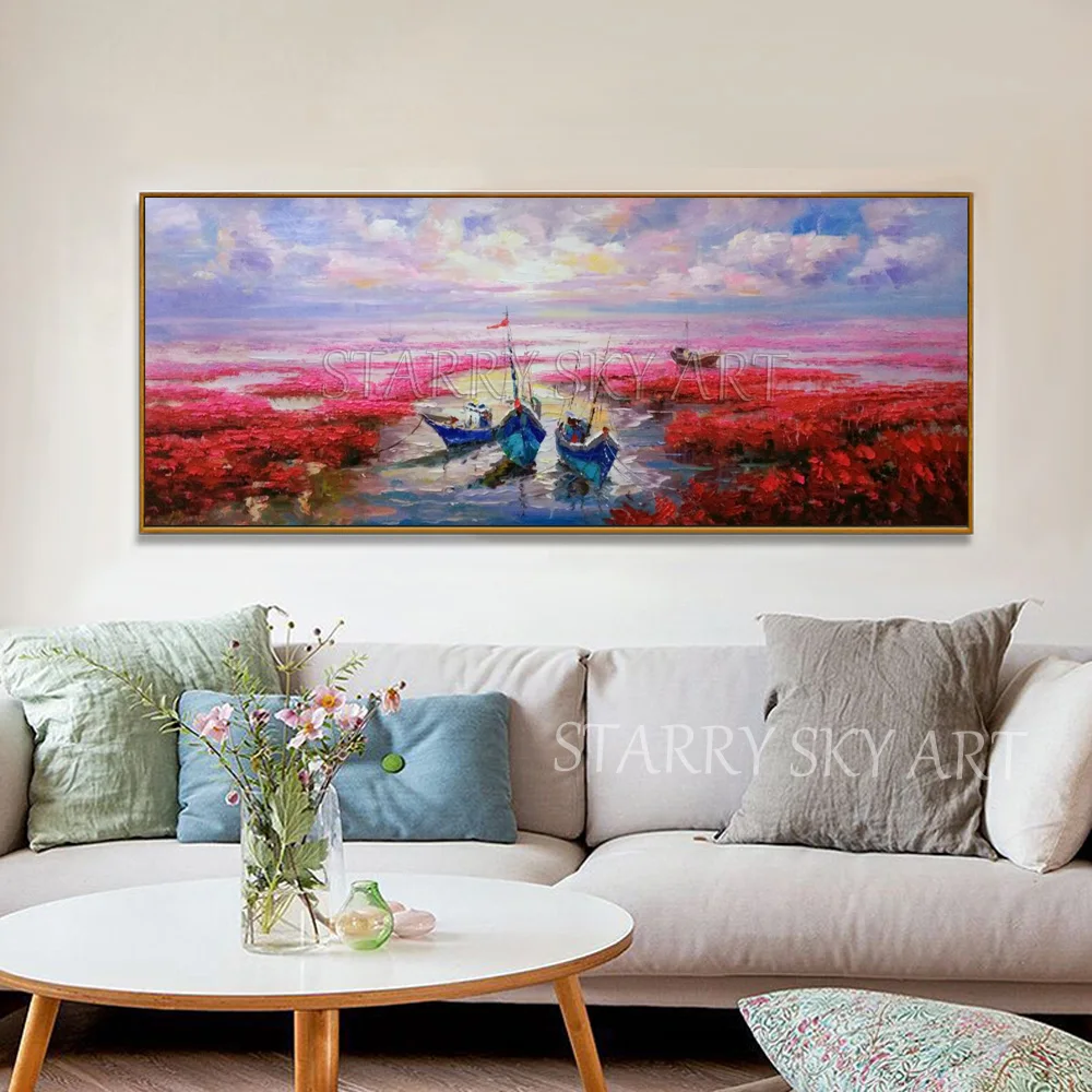 Professional Artist Hand-painted Textured Knife Landscape Acrylic Painting Large Canvas Red Flowers Sea and Boats Oil | Дом и сад