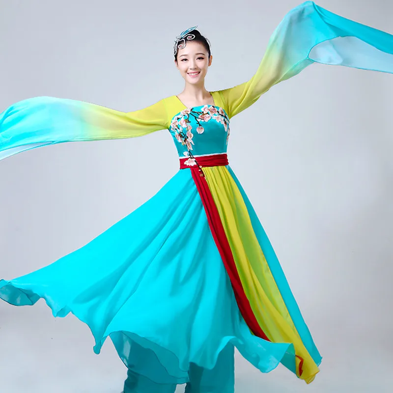 blue Китайский hanfu Женский танцевальный костюм воды рукава Танцы r древнекитайский Карнавальный Костюм rhinstones платье Одежда для сцены с вышивкой - Цвет: blue