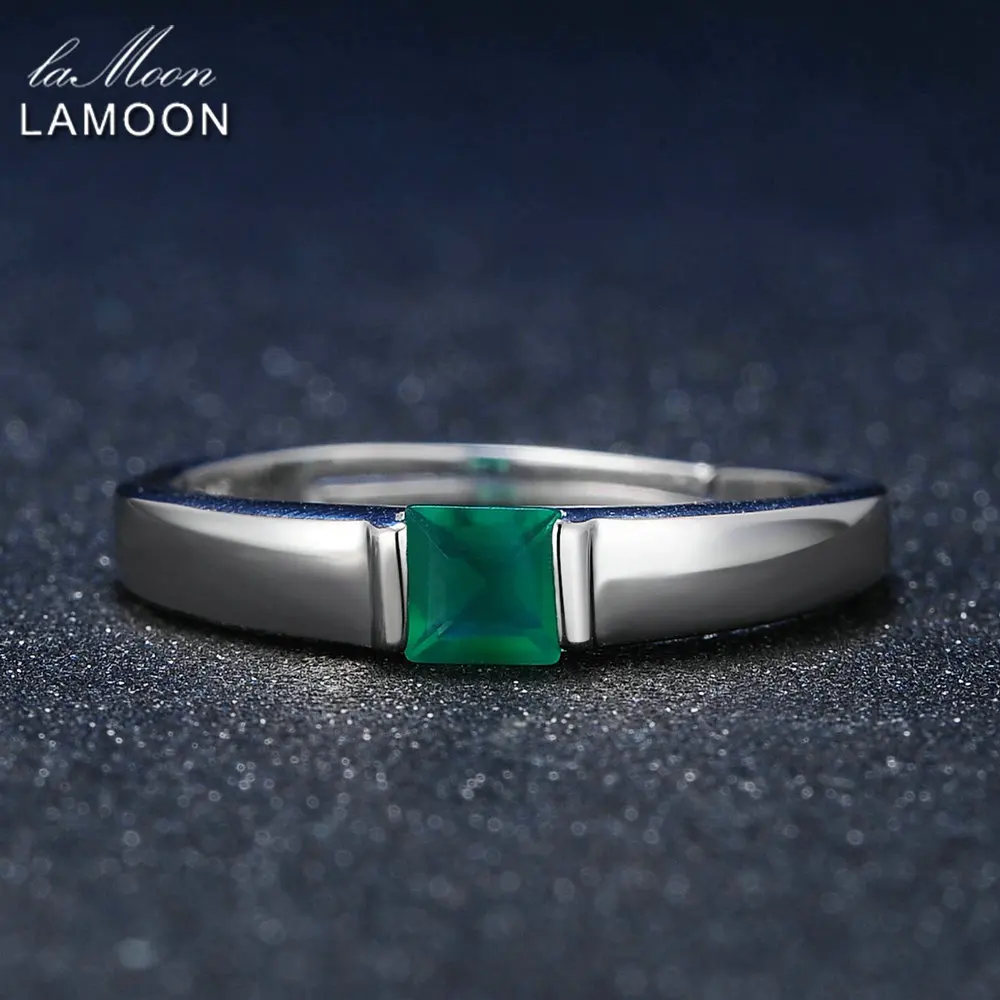 LAMOON Adjustable Pricess cut 4mm 0.23ct Green Agate Chalcedony 925 Sterling Silver Jewelry Wedding Ring S925 LMRI006 | Украшения и