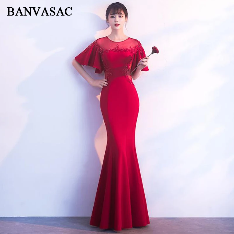 BANVASAC 2018 кружевные Длинные вечерние платья с аппликацией и круглым вырезом