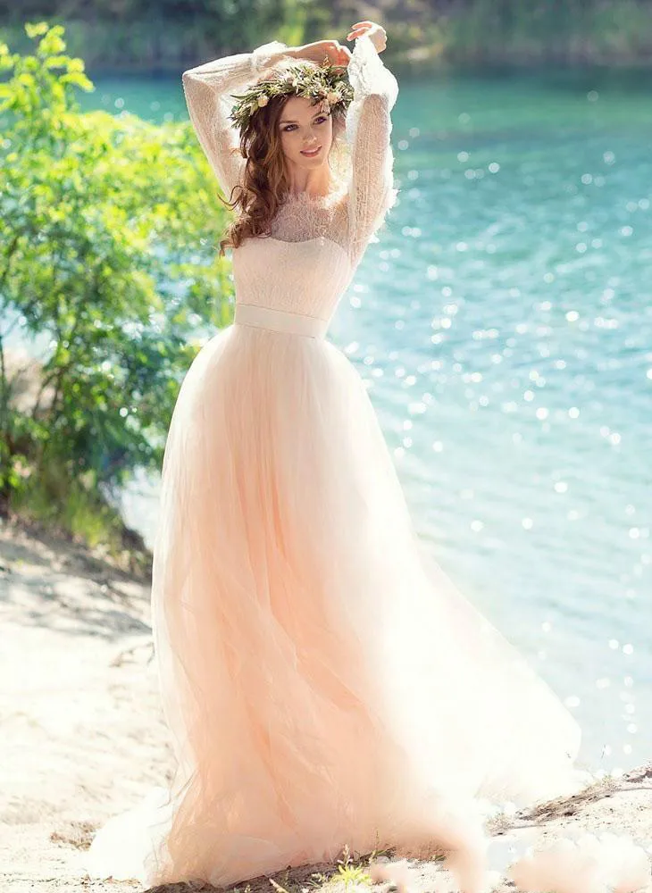 Bonjean розовый тюль кружева Пляжные Свадебные платья 2019 страна Стиль халат де mariée с