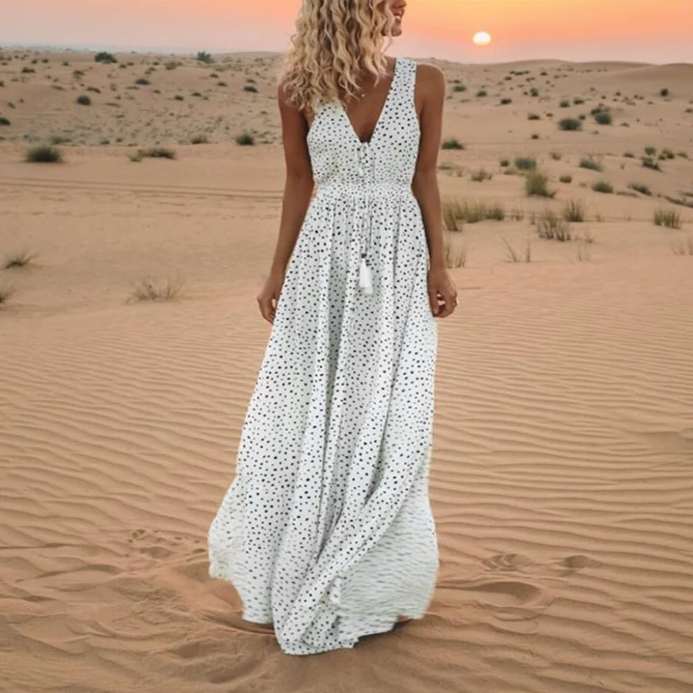 Women Dress Summer Sleeveless Dot Print Tassels Deep V Neck Long Beach Maxi Dress#30 | Женская одежда