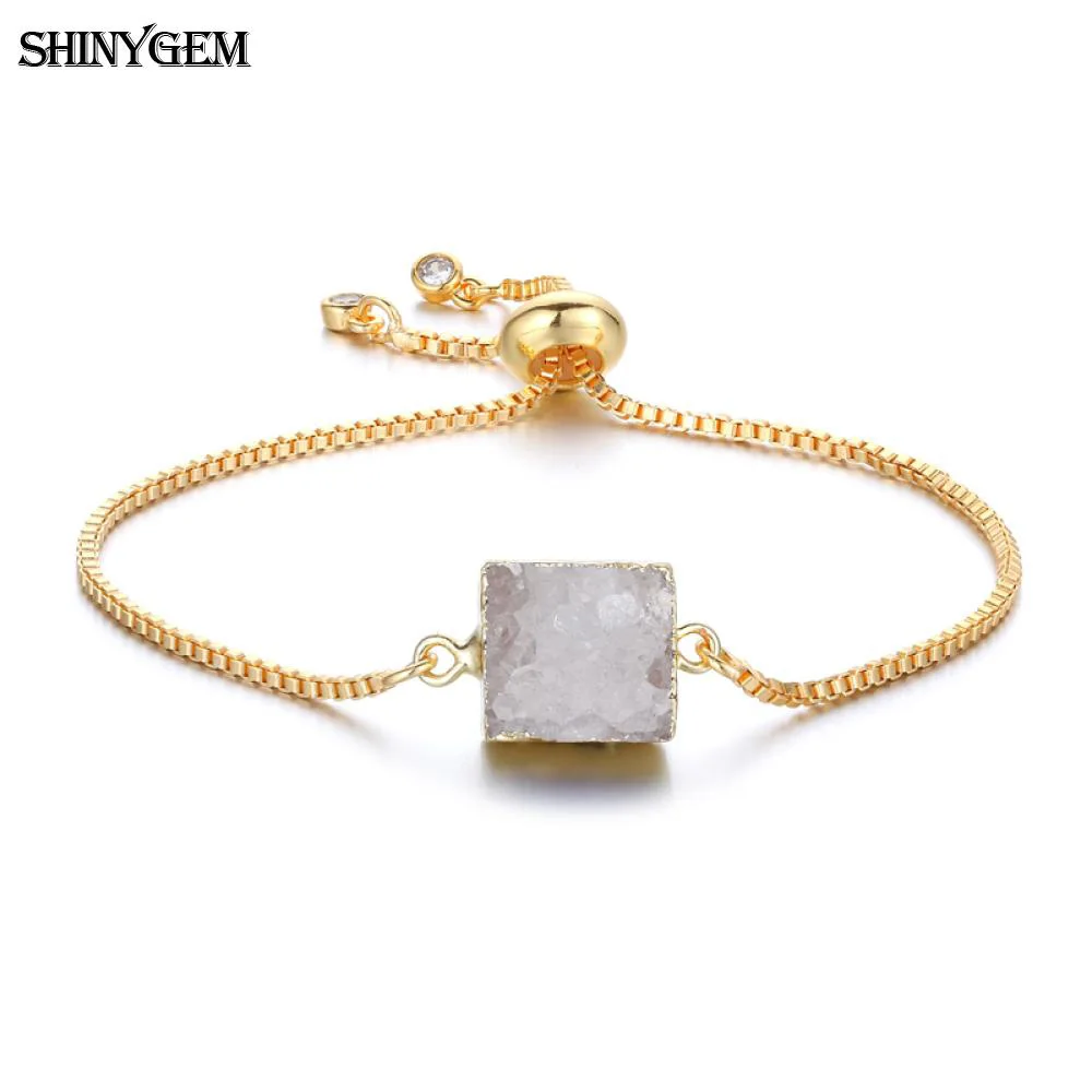 Opal White ShinyGem 12 мм натуральный квадратный браслеты из драгоценных камней 9 планета кристалл браслет с подвесками Регулируемая золотая цепочка Druzy браслеты для женщин - Окраска металла: Opal White