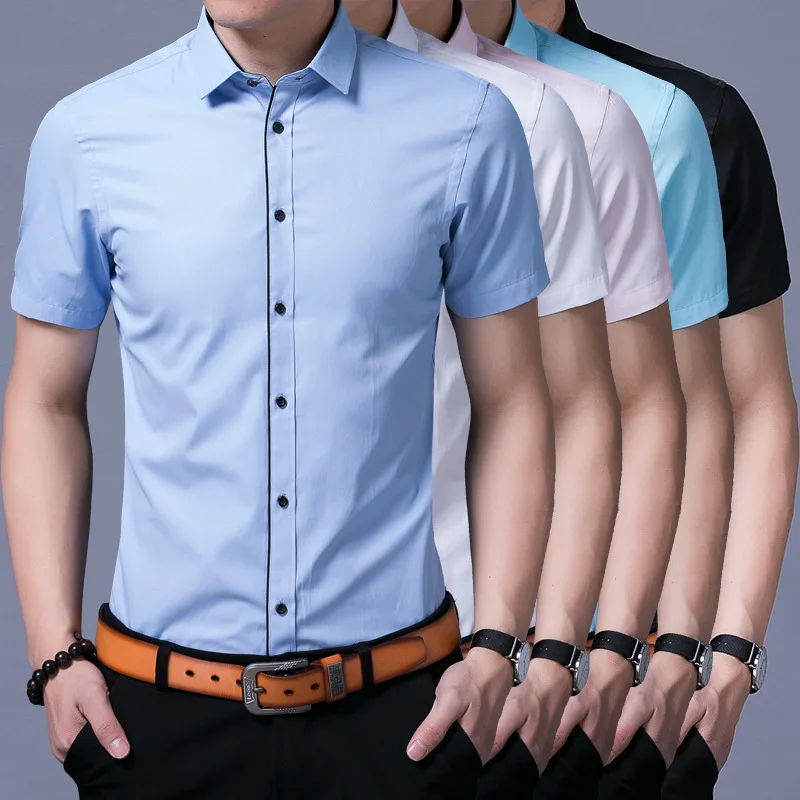 

2017 summer new youth Slim men's dress short-sleeved solid color cotton sweat sweater men's shirt casual men's clothing