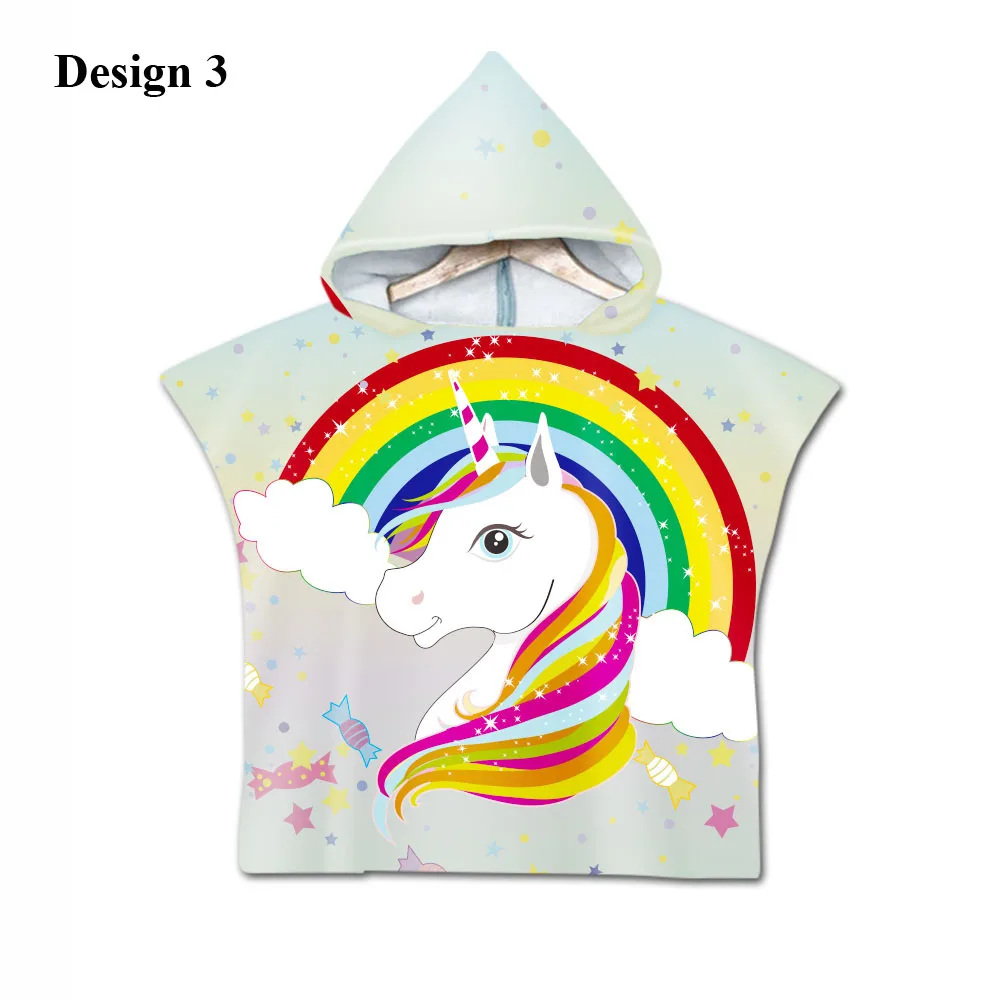 Design 3 Free shipping Novelty Gift Cute Unicorn Rainbow Stars Hearts Print Microfiber Baby Kids Hooded Swim Bath Beach Towel Poncho Cape - Color: Design 3