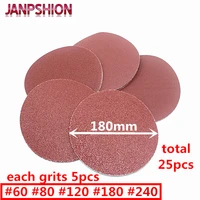 janpshion 25pc red round sandpaper flocking self adhesive sanding paper for sander 7 180mm grits 60 80 120 180 240