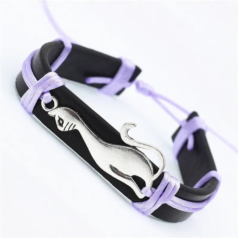 Antique Cute Cat Charms PU Leather Bracelets Lovely Animal handmade Braid colorful Jewelry kids Gifts for drop shipping | Украшения и