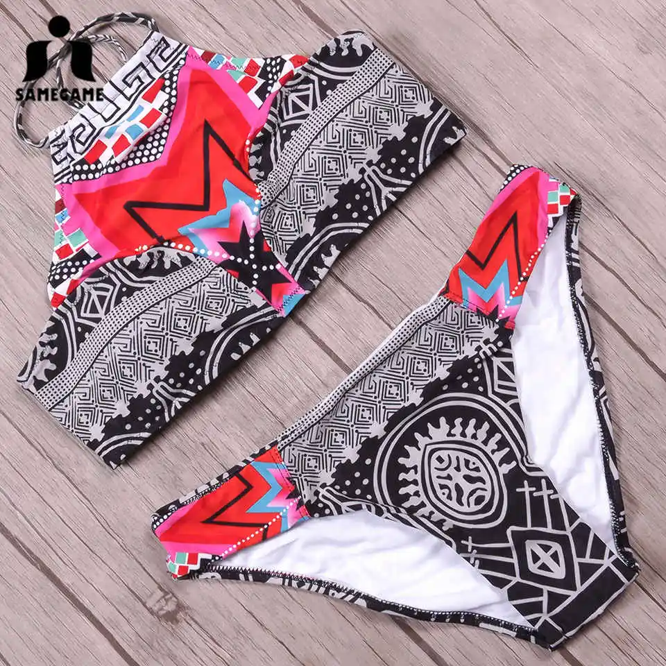 Женский купальник бикини с высокой горловиной SAMEGAME бразильский комплект принтом