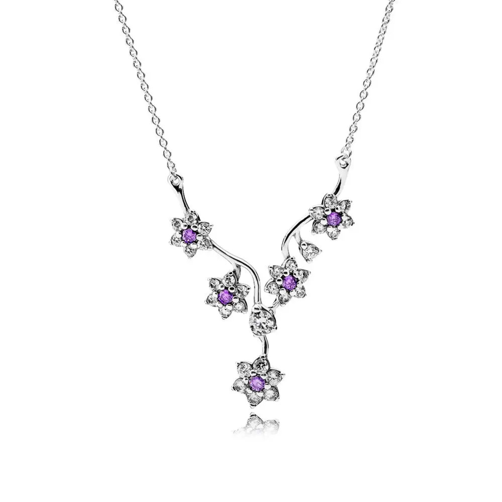 

Authentic 925 Sterling Silver Plum blossom Purple Crystal Pendant Cross Chain Necklaces For Women Wedding Party Jewelry Gift