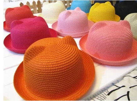 

2016 New Summer Style Kids Sun Caps Straw Hat Caps Soild Beach Lovely Girl Sun Hat Baby Cat Ears Hat Caps