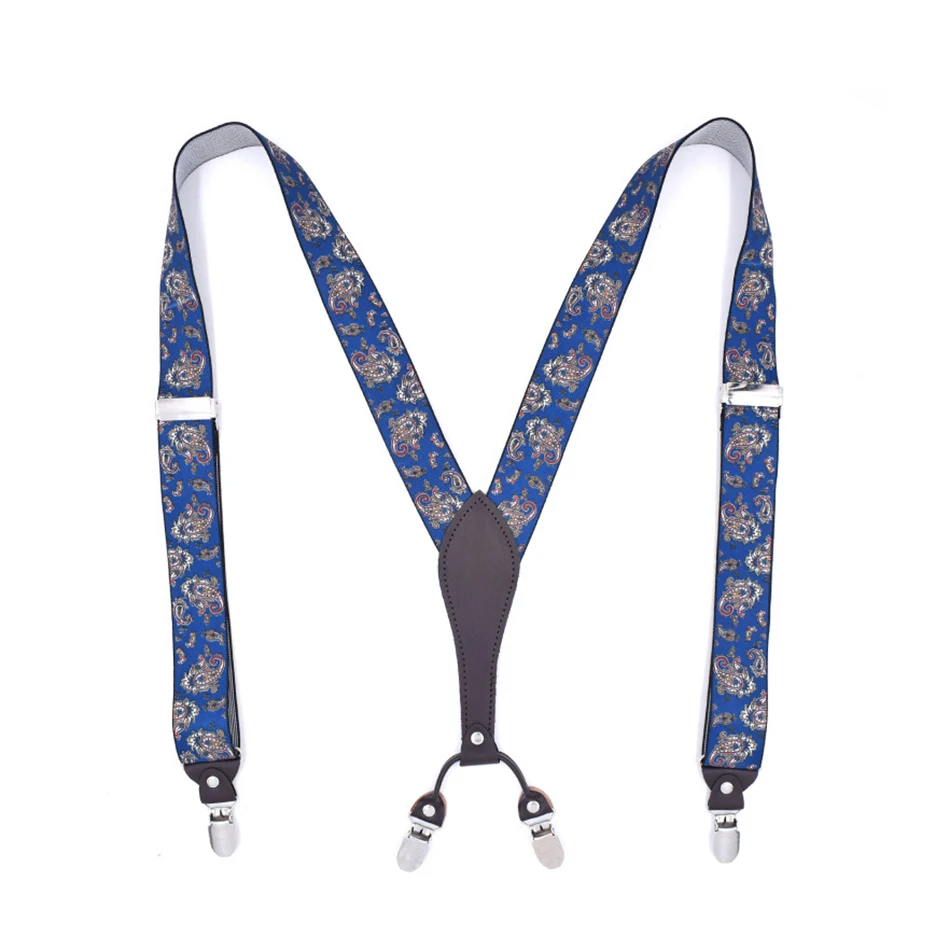 blue floral SHOWERSMILE подтяжки клетчатые мужские Эластичные подтяжки коричневый Y назад 4 зажимы подтяжки регулируемые повседневные мужские брюки ремни - Цвет: blue floral
