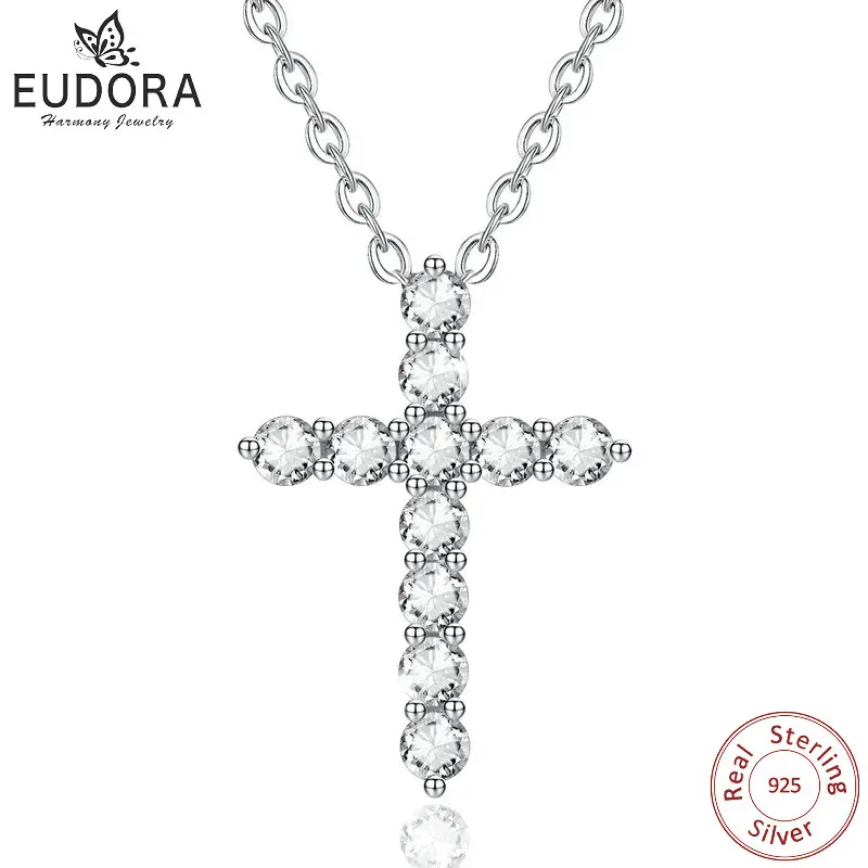 Ожерелье EUDORA из стерлингового серебра 925 пробы с кулоном крестом фианита