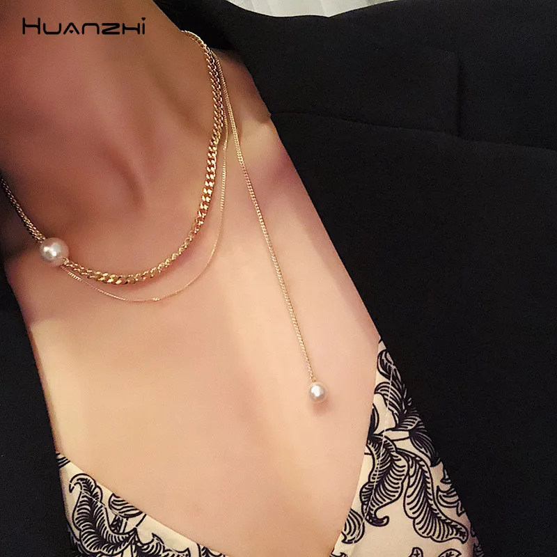 HUANZHI 2019 шикарный имитация чокер из жемчуга многослойный металлический точечный