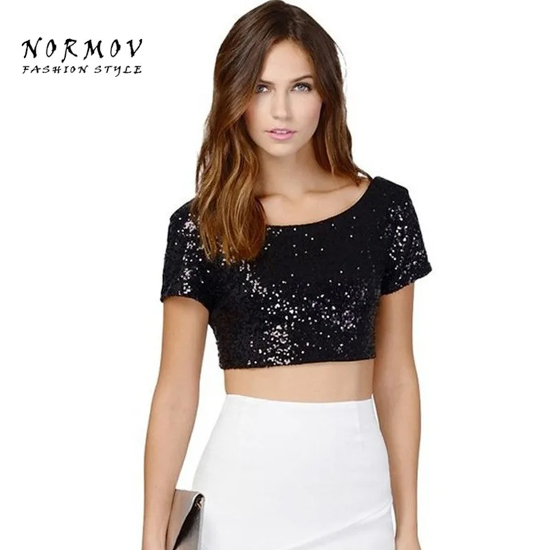 NORMOV женские блестящие топы модная открытая спина короткий круглый вырез Sgort