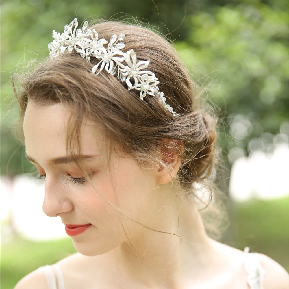

Antique Silver Wedding Tiara Crystal Floral Bridal Hair Vine Headband Handmade Women Hair Accessories Brides Jewelry