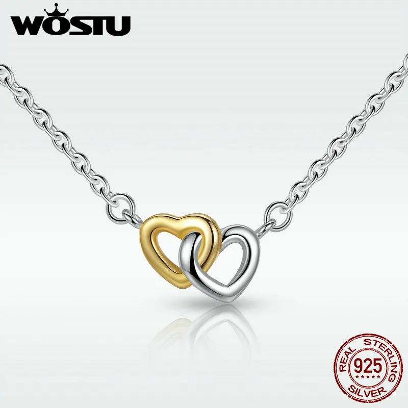 WOSTU 100% Настоящее серебро 925 пробы золотой цвет подвеска в виде сердца ожерелье для