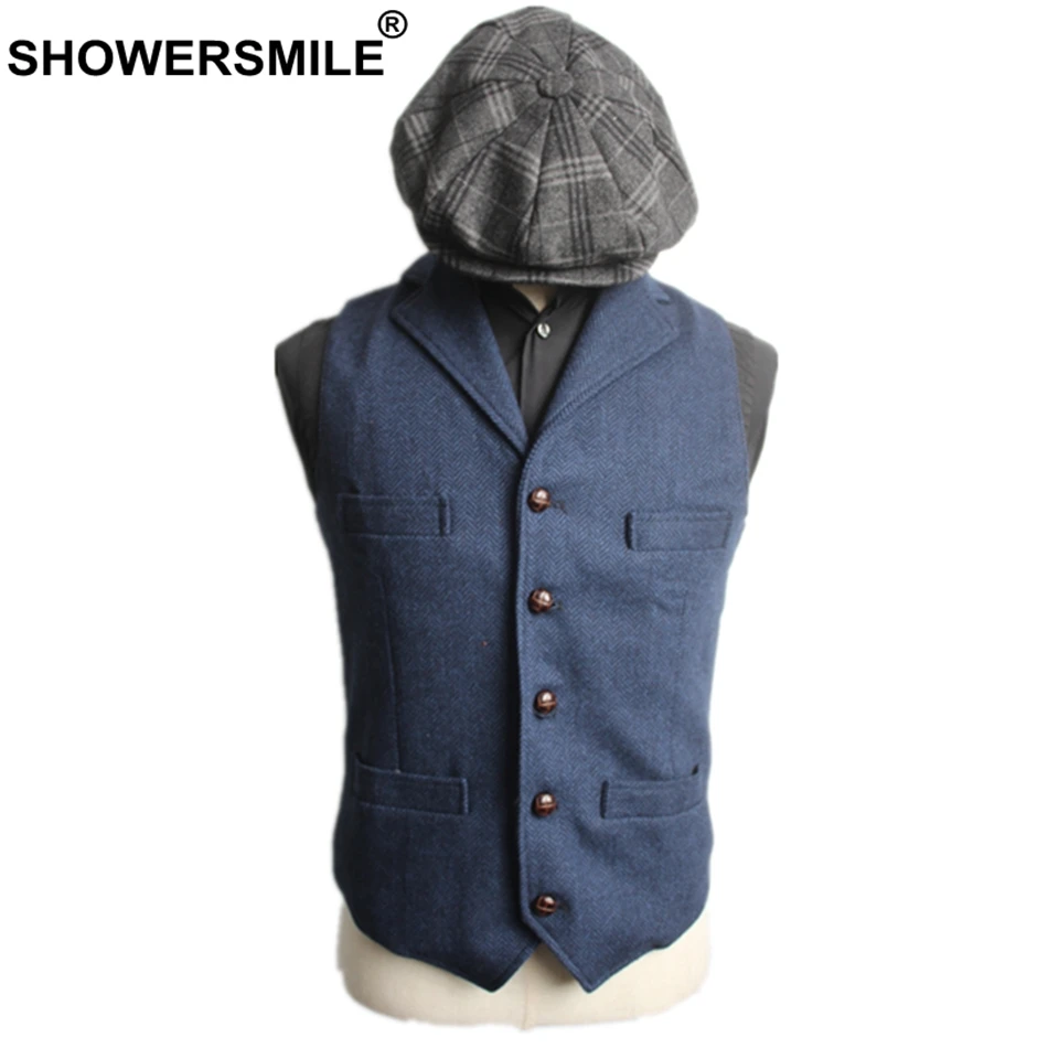 SHOWERSMILE мужской темно-синий костюм жилет мужской шерстяной твидовый пиджак в елочку винтажный осенний шерстяной приталенный мужской жилет 3XL 4XL