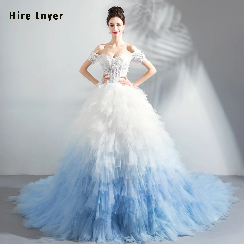 Robe De Mariee Princesse De Роскошная с открытыми плечами, с короткими рукавами, бело-синяя юбка, бальное платье принцессы, свадебные платья