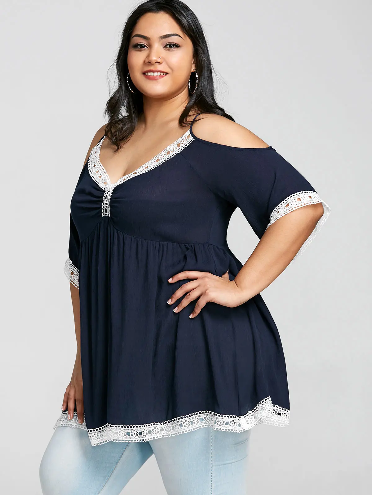 Летняя футболка с открытыми плечами Wipalo большие размеры женские топы кружевной