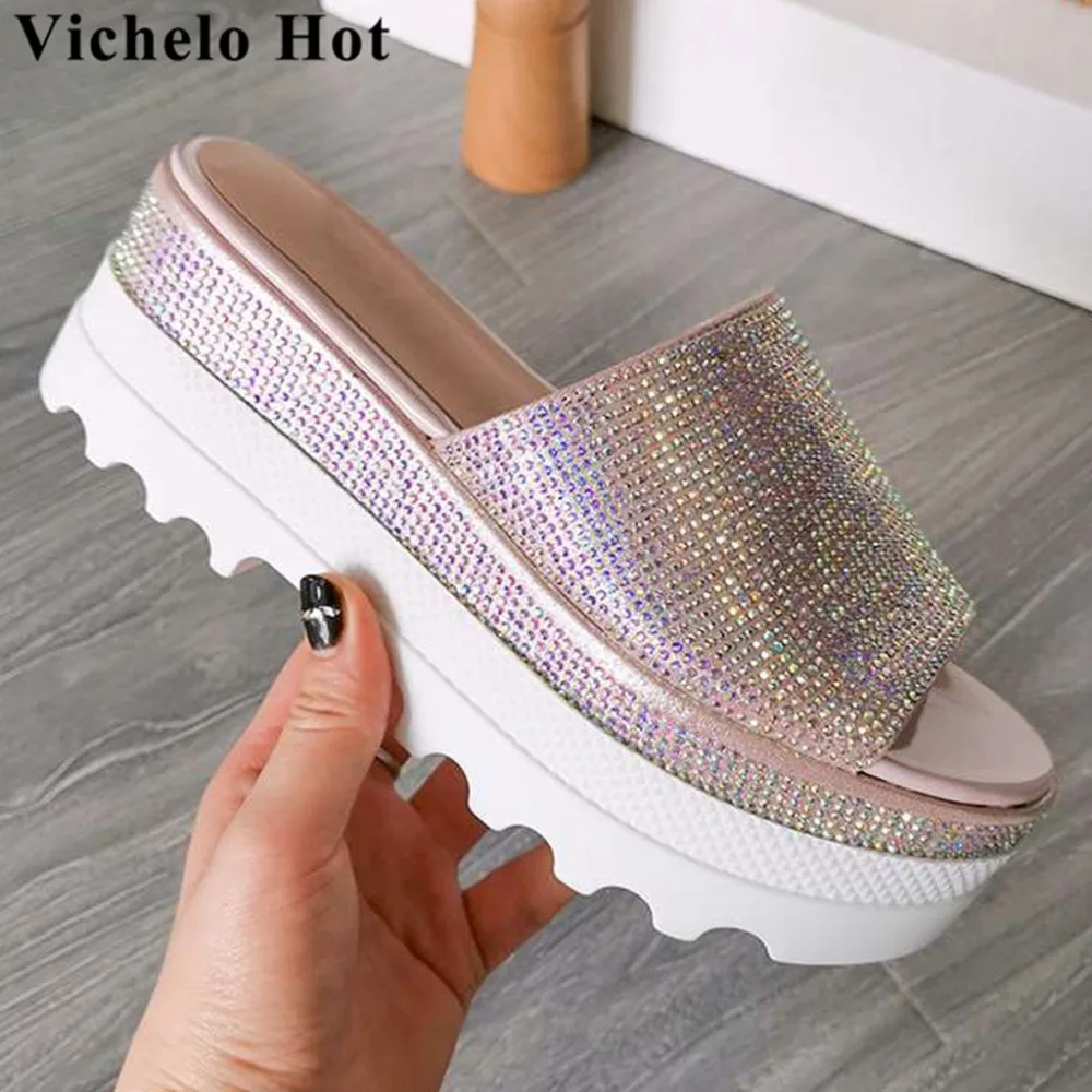 

Vichelo Hot glitter crystals decoration slip on mules peep round toe high bottom wedges platform women sandals casual shoes L30