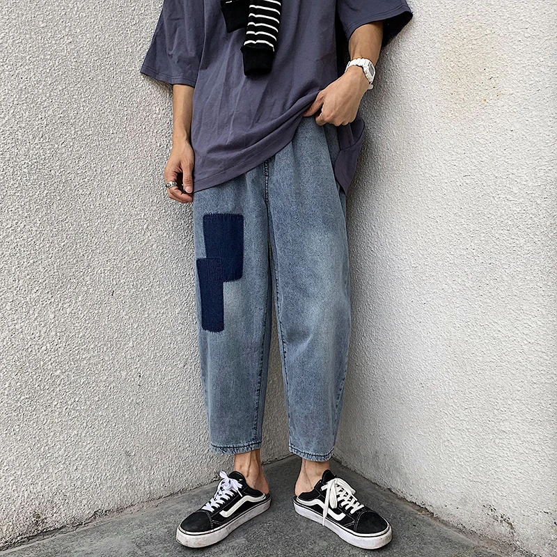 2019 Summer Men's Blue Color Casual Pants Leisure Baggy Homme Patch Wash Jeans Mens Classic Style Loose Trousers Plus Size M-2XL | Мужская