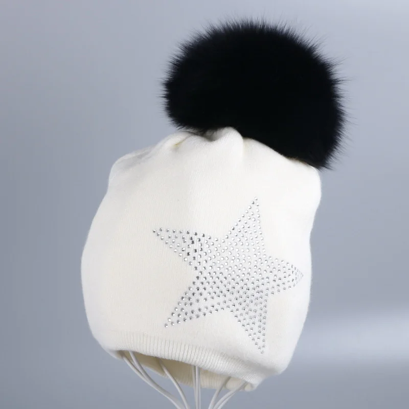 Fox Pom irovy hat Новая женская шерстяная зимняя шапка с настоящим помпоном, кашемировые шапочки, блестящая кристаллическая звезда, мягкая термальная натуральная норка, лиса, звезда, шапочки - Цвет: Fox Pom irovy hat