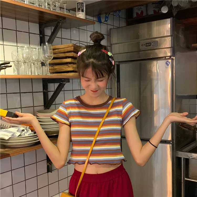 YouGeMan Camiseta Mujer 2020 Летняя женская футболка Корейская Ulzzang Harajuku Радужная полосатая