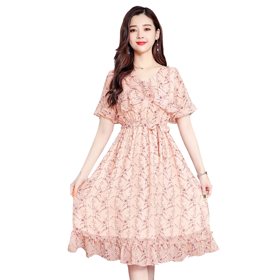2019 Винтаж 3XL плюс размеры розовый принт пляжные наряды лето сладкий шифон Boho миди