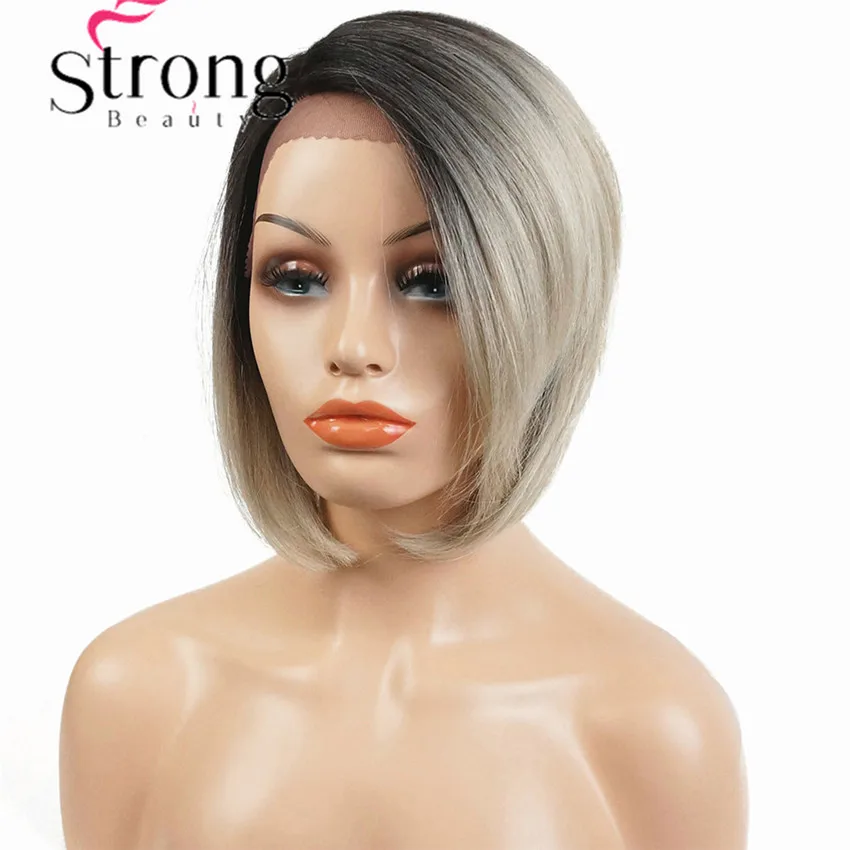 StrongBeauty боб парик на кружеве с L часть парик на шнурке Омбре блонд черный корень ручная вязка невидимые Синтетические прямые парики