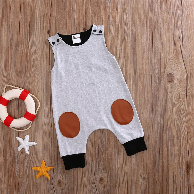 Летние детские комбинезоны для новорожденных хлопковые без рукавов серого цвета