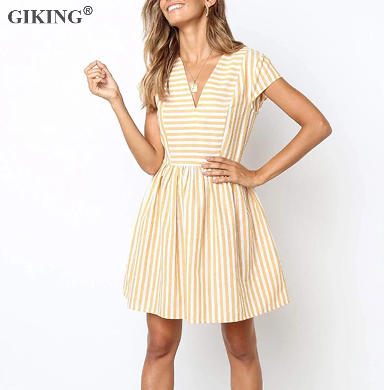 Женское мини-платье в полоску GIKING повседневное свободное богемное платье с
