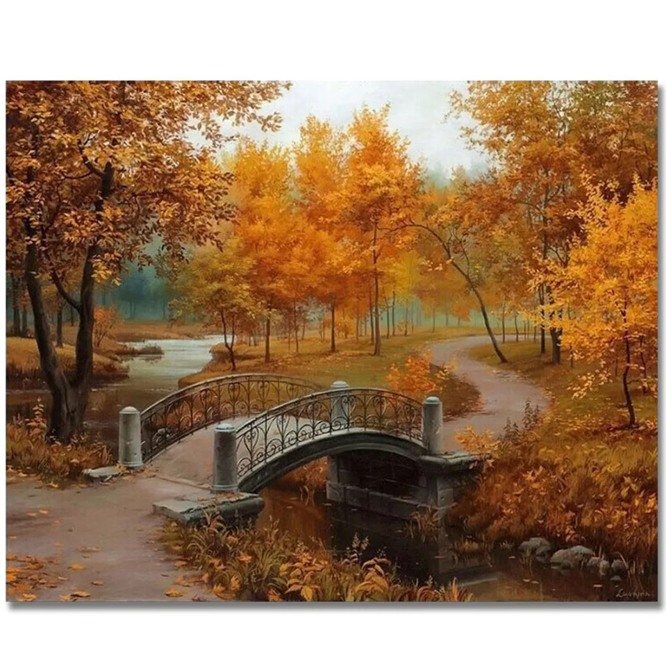 DIY картина маслом по номерам природа Золотая осень парк масло Canavas с кистями и