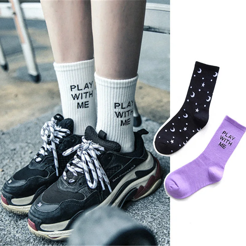Уличная одежда Забавные носки для женщин Хлопковые с принтом букв Play With Me Harajuku