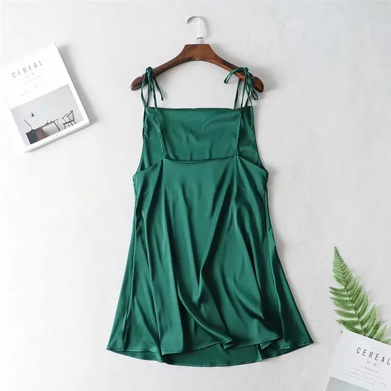 Сарафан на бретелях спагетти платья атласное зеленое летнее платье 2019 тонкое из