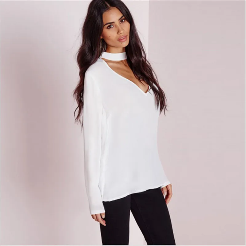 

Retro Halter Chocker Slit Low cut Solid Sexy Hollow out Women Top T Shirt Full Sleeve Female Teenage Girls Femmes t-shirt