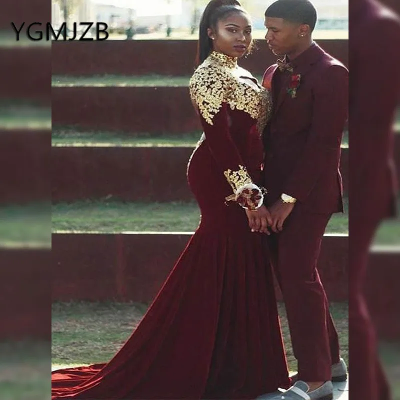 

African Burgundy Mermaid Evening Dresses Gold Appliques Long Sleeve Satin Prom Gown 2019 Black Girl Formal Prom Party Dress