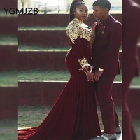 african burgundy mermaid evening dresses gold appliques long sleeve satin prom gown 2019 black girl formal prom party dress