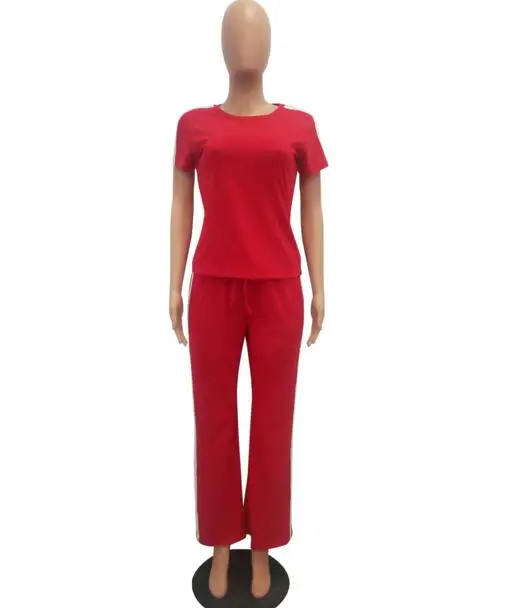 2022 women tracksuit new short sleeve stripes splicing o-neck tee top straight pants suit 2pcs set sporty outfit jumpsuit |