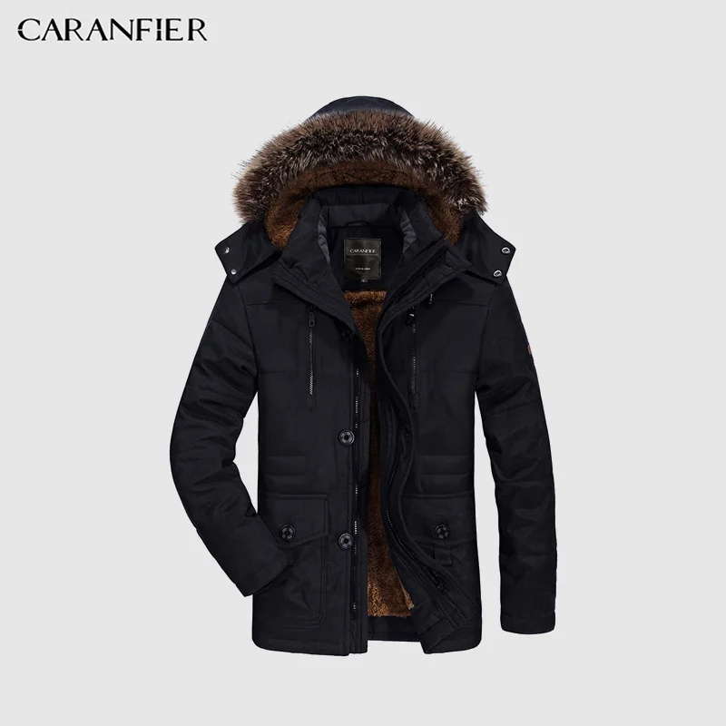 CARANFIER мужские зимние парки с капюшоном, утолщенная теплая верхняя одежда, мужское пальто плюс бархатное пальто средней длины, модная мужская куртка на молнии, M-5XL