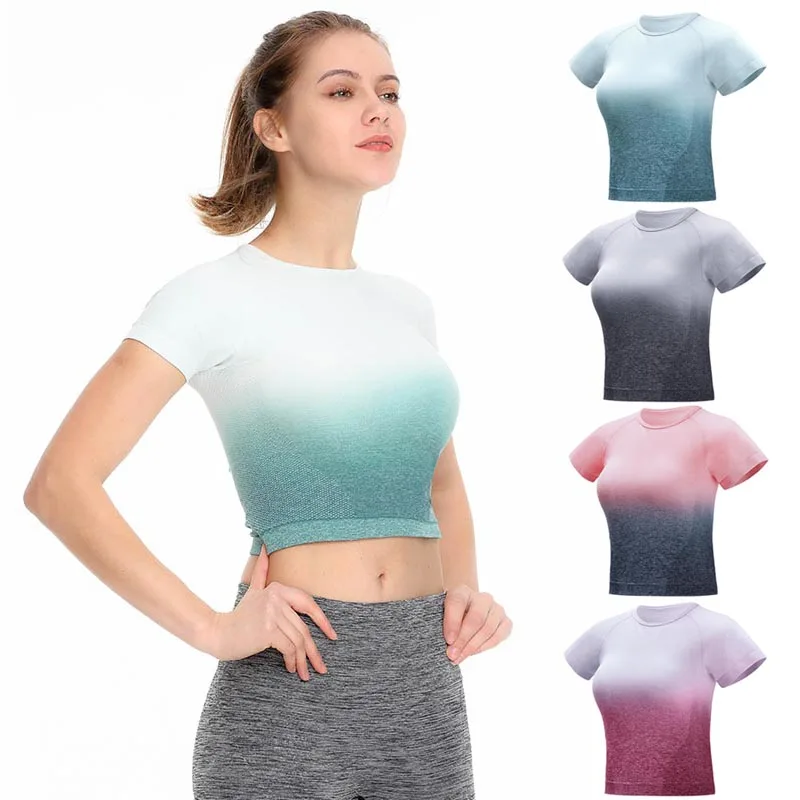 

Women Gradient Color T-shirt Seamless Short Sleeves Slim Fit High Elastic Yoga Tops MC889
