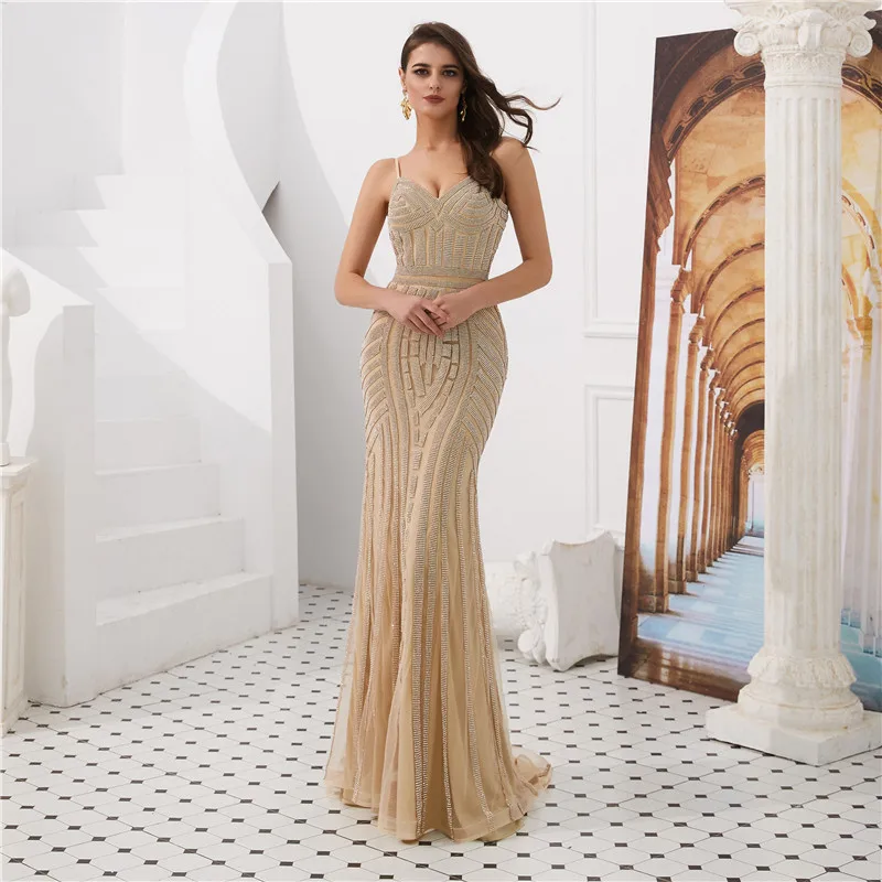 Золотой ILoveWedding Vestido de festa великолепные v-образный вырез на тонких бретелях серые расшитые блестками Длинные вечерние платья Русалка - Цвет: Золотой