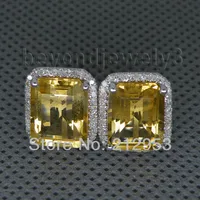 Vintage Emerald Cut 8x10mm 14Kt White Gold Yellow Citrine Earrings, Diamond Citrine Earring For Sale E0003