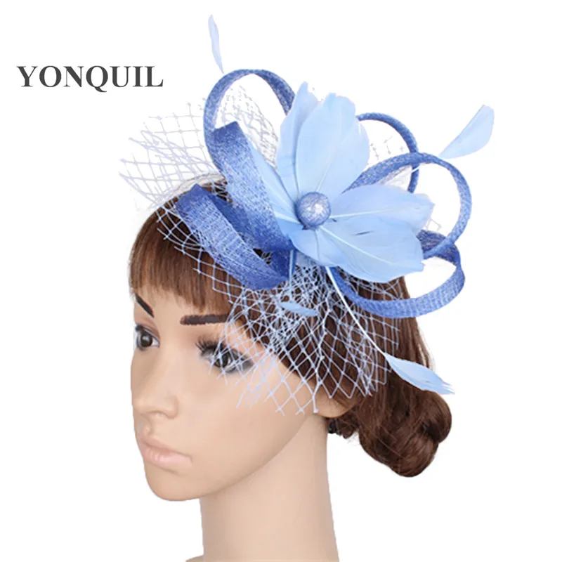 Шляпа петлями женская свадебные фасцинаторы светло-голубые аксессуары аккуратные красные перья цветы головные уборы Розничная торговля 2019 Мода MYQ090.