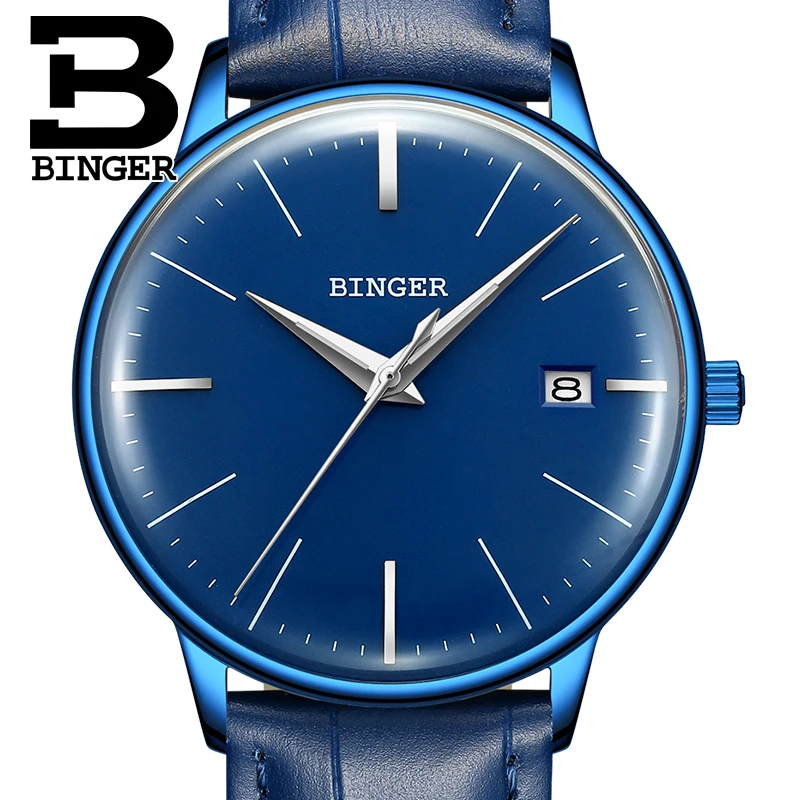 Крутые механические часы с изогнутым стеклом 2.5D мужские полностью синим кожаным