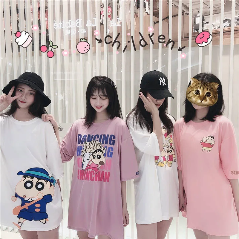 Длинные футболки Crayon Shin Chan, женские футболки с аниме, уличная одежда, летняя футболка с мультяшным принтом размера плюс, женские милые футболки, топы