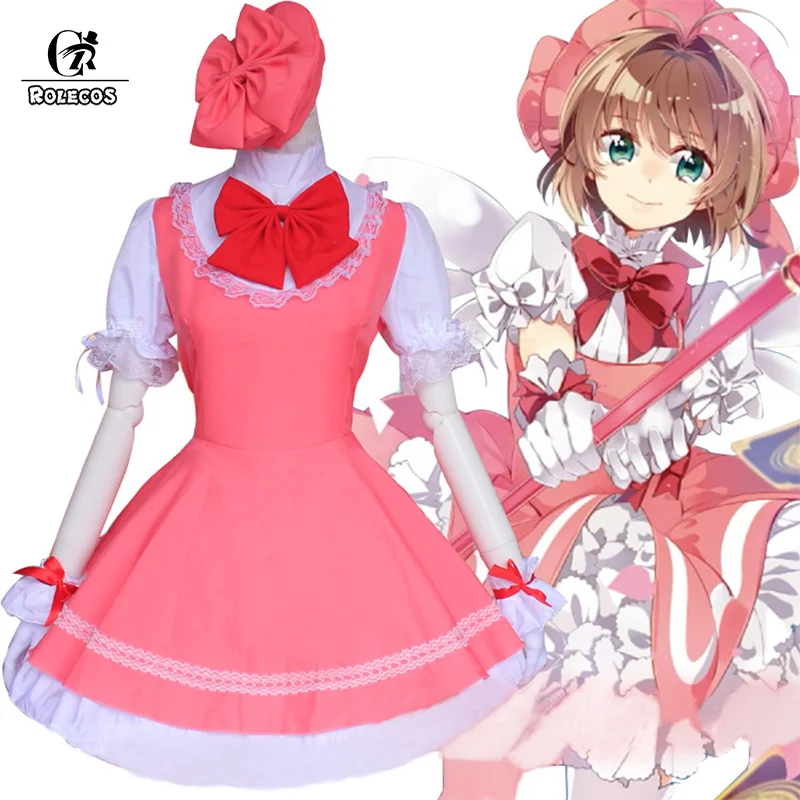 ROLECOS аниме Cardcaptor Sakura Косплей Костюм Kinomoto розовое платье с шляпой полный комплект