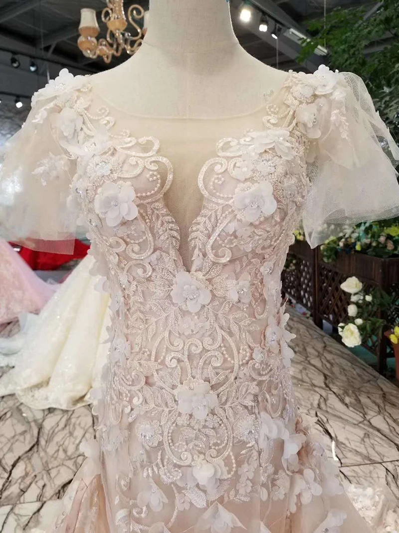 LSS164 A line wedding dress o neck short sleeve small sheath bride deep v-back detachable train nikah elbisesi | Свадьбы и торжества